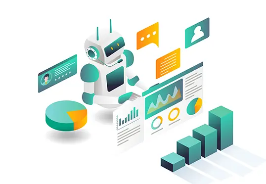 Illustration of a robot handling big data analysis, from data fetched from different source.