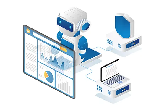 Illustration of a robot automating data analysis, connected to devices, representing business process automation.