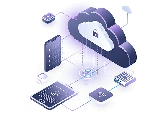 Illustration of secure cloud service provider with connected devices like a smartphone, tablet, and IoT gadgets.