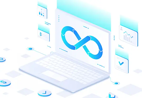 Illustration of a laptop displaying a DevOps infinity loop, representing integration and continuous development